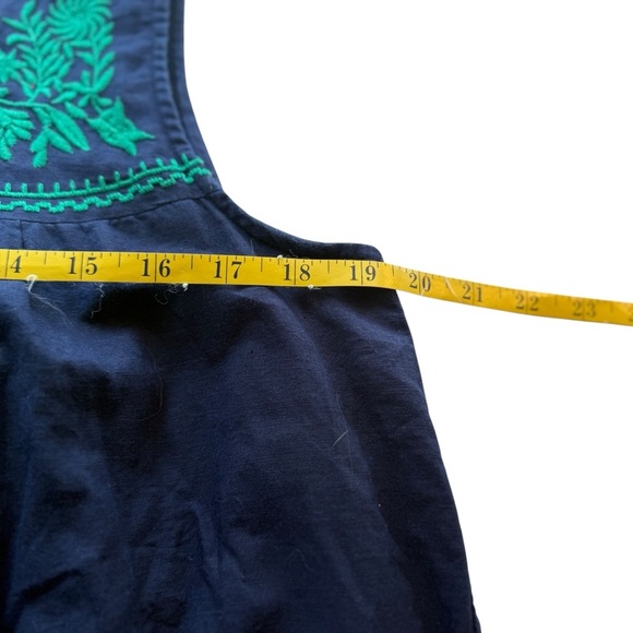 J Crew Factory Shift Dress Med Navy Blue Green Embroidered Linen Blend Pockets - Picture 8 of 12